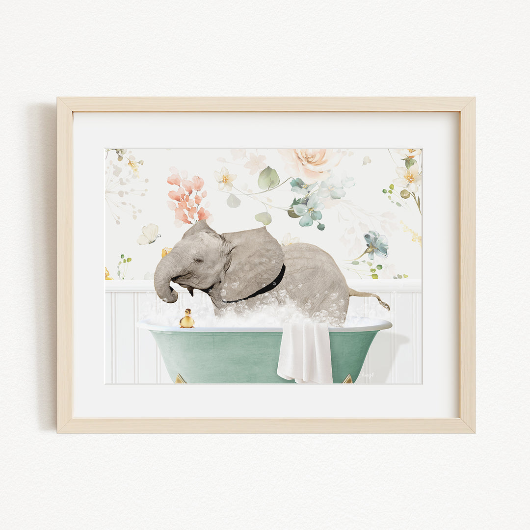 A gray elephant is sitting in a green bathtub filled with water, surrounded by a floral background.