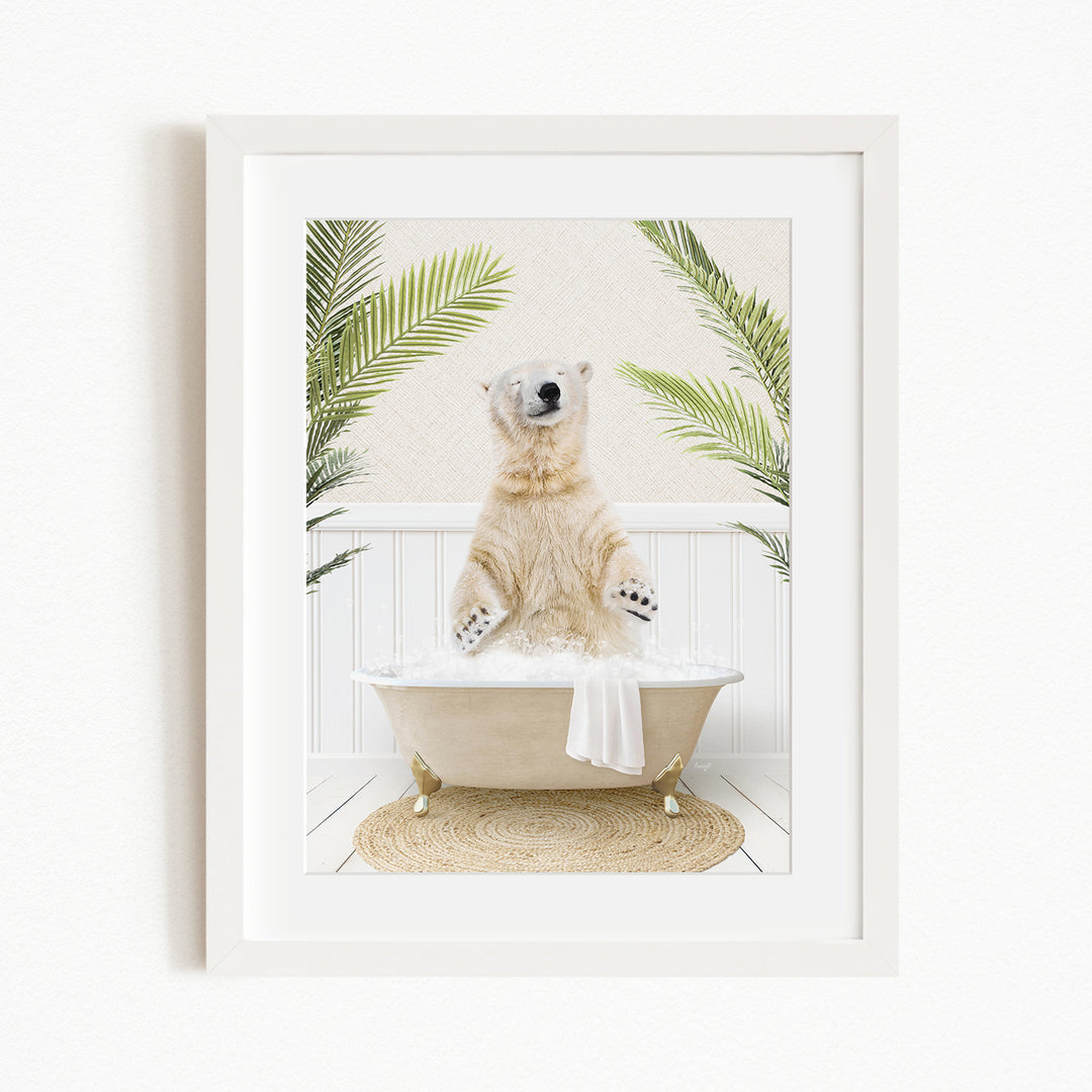 A polar bear sitting in a bathtub filled with water, surrounded by palm leaves, creating a whimsical and playful scene.