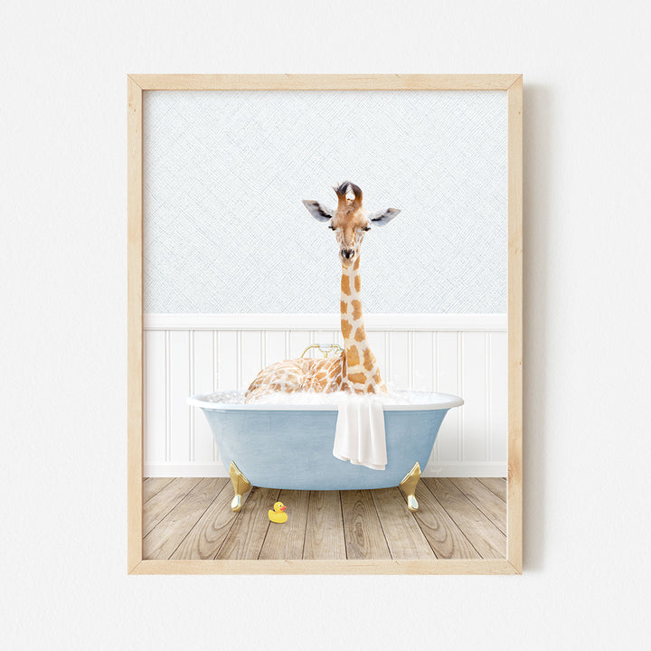 a giraffe standing in a bathtub with a towel on it's