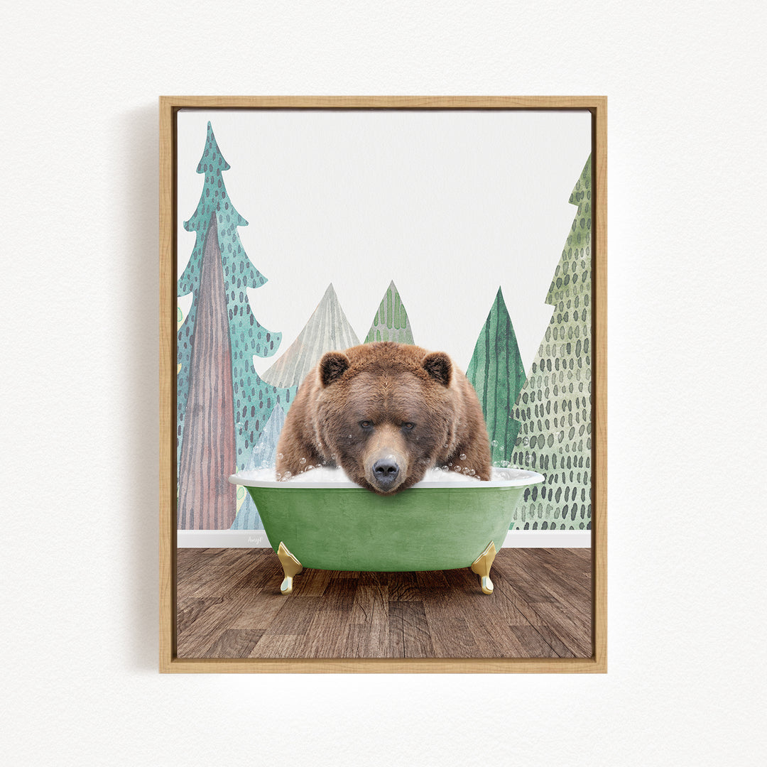 A brown bear is sitting in a green bathtub, surrounded by a forest scene with trees and a misty atmosphere.