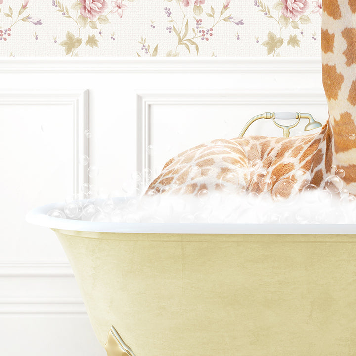 a giraffe laying down in a bath tub