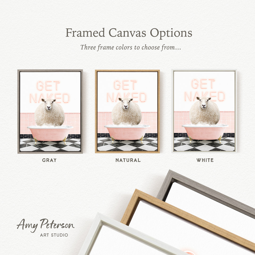three framed canvas options, each featuring a different color and frame style. The options include a gray frame with a pink bathtub and the word "GET NAWED" in white letters, a natural frame with a pink bathtub and the word "GET NAWED" in white letters, and a white frame with a pink bathtub and the word "GET NAWED" in white letters.