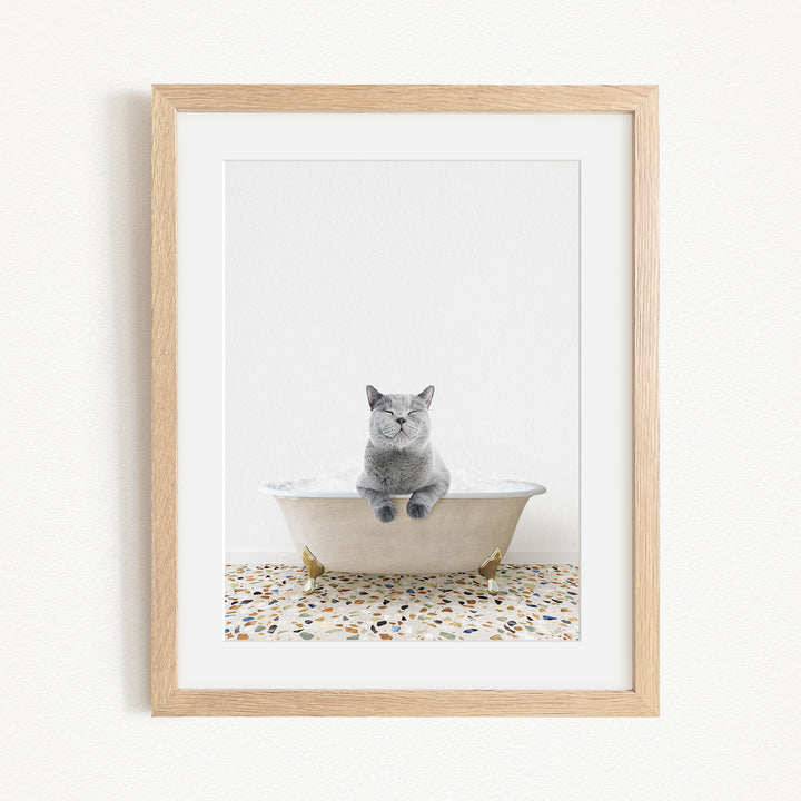 A gray cat sitting in a white bathtub filled with bubbles, with a speckled floor beneath it.