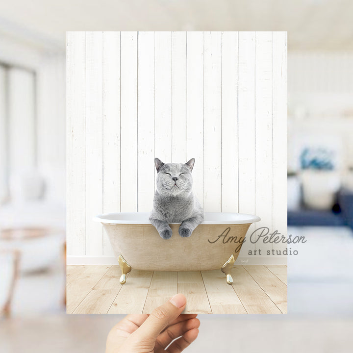 a hand holding a photo of a cat in a bathtub