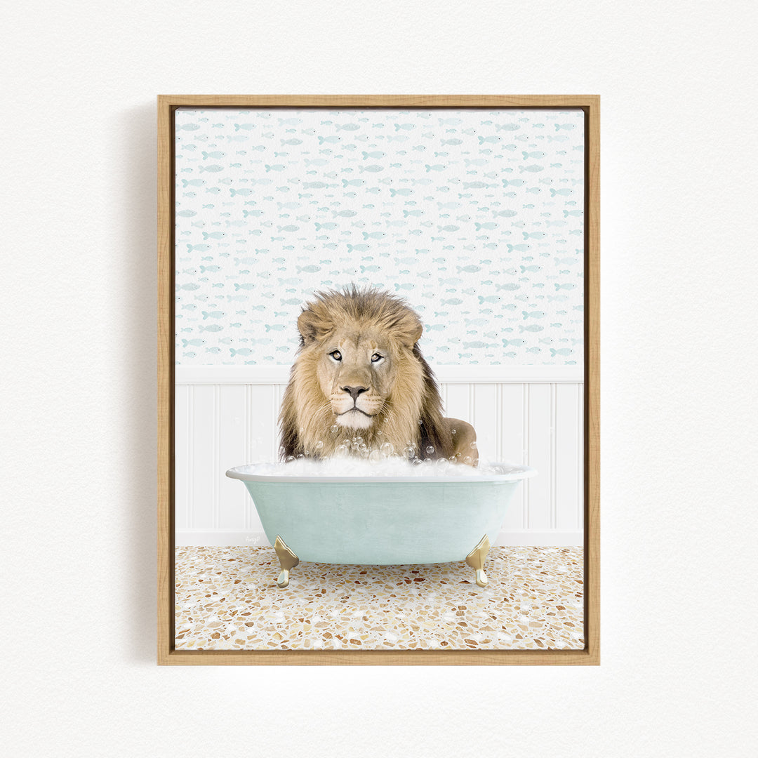 A lion sitting in a bathtub filled with bubbles, surrounded by a patterned wall.
