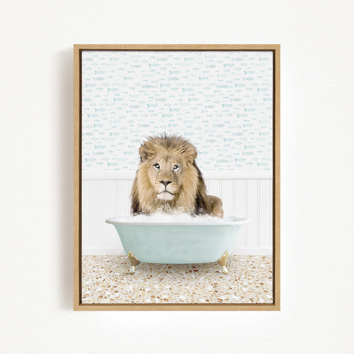 A lion sitting in a bathtub filled with bubbles, surrounded by a patterned wall.