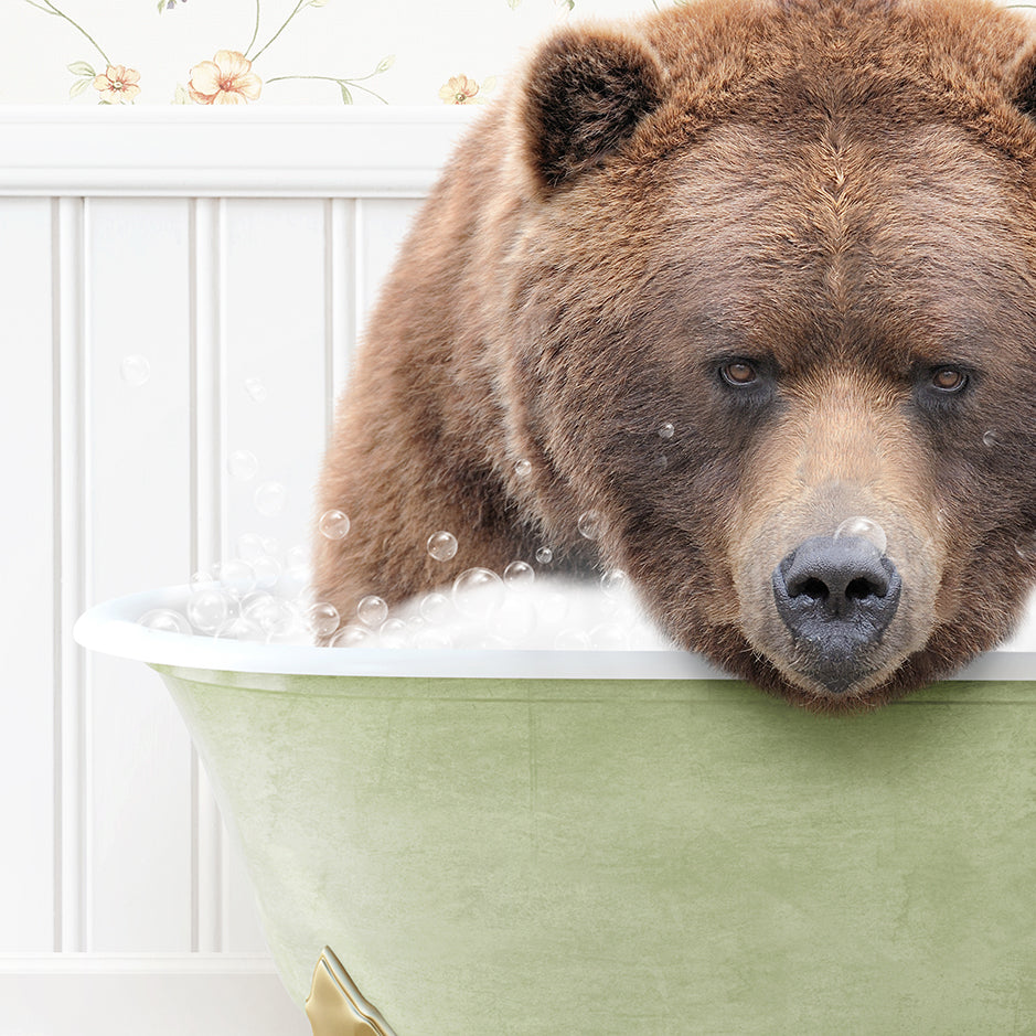 a brown bear taking a bath in a bathtub