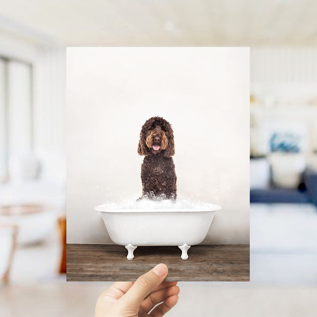A brown dog sitting in a white bathtub filled with water, with a blurred background suggesting a bathroom setting.
