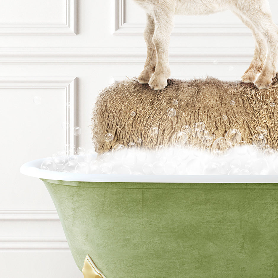 a small dog standing on top of a sheep in a bathtub