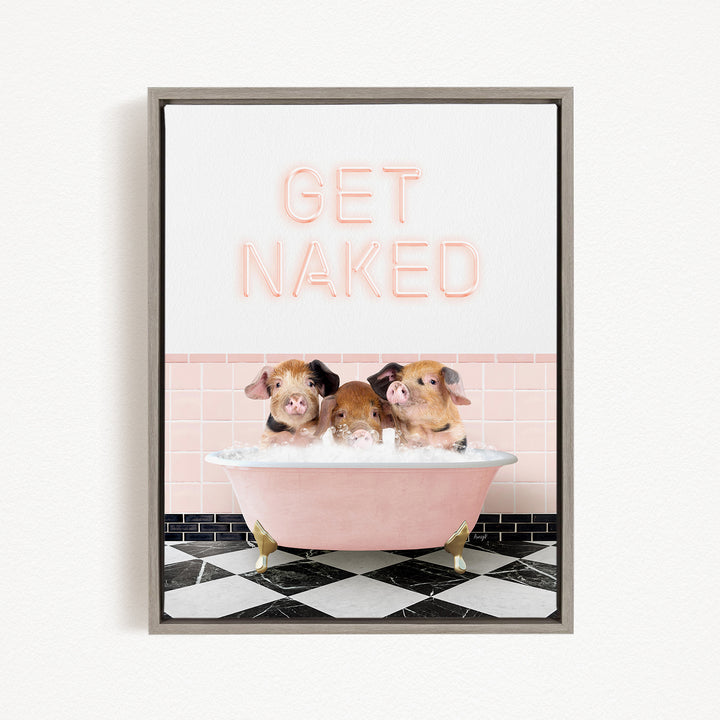 Three adorable pigs sitting in a pink bathtub, with the text "GET NAKED" displayed above them.