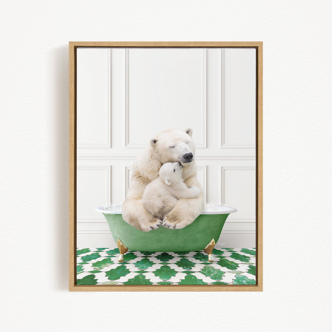 A polar bear sitting in a green bathtub, with its head resting on a baby polar bear, creating a heartwarming scene.