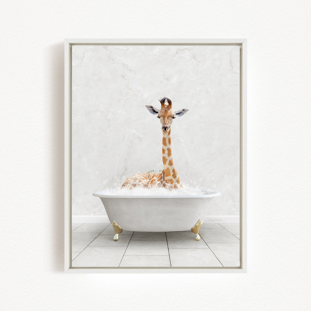 A giraffe sitting in a white bathtub filled with water, creating a whimsical and playful scene.