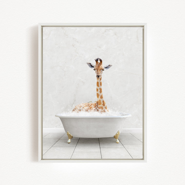 A giraffe sitting in a white bathtub filled with water, creating a whimsical and playful scene.
