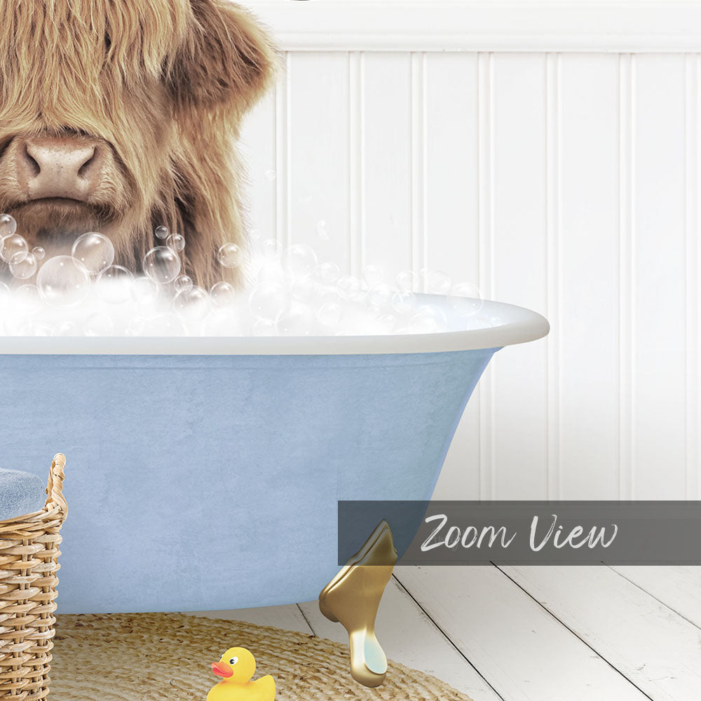 A large, light blue bathtub filled with bubbles, with a brown, shaggy-haired animal, likely a cow, sitting inside and enjoying the bath.