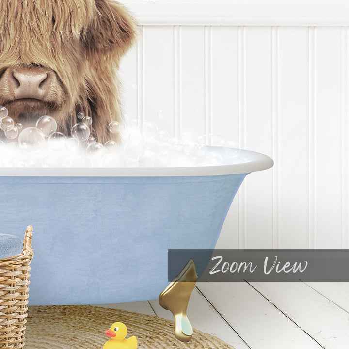 A large, light blue bathtub filled with bubbles, with a brown, shaggy-haired animal, likely a cow, sitting inside and enjoying the bath.