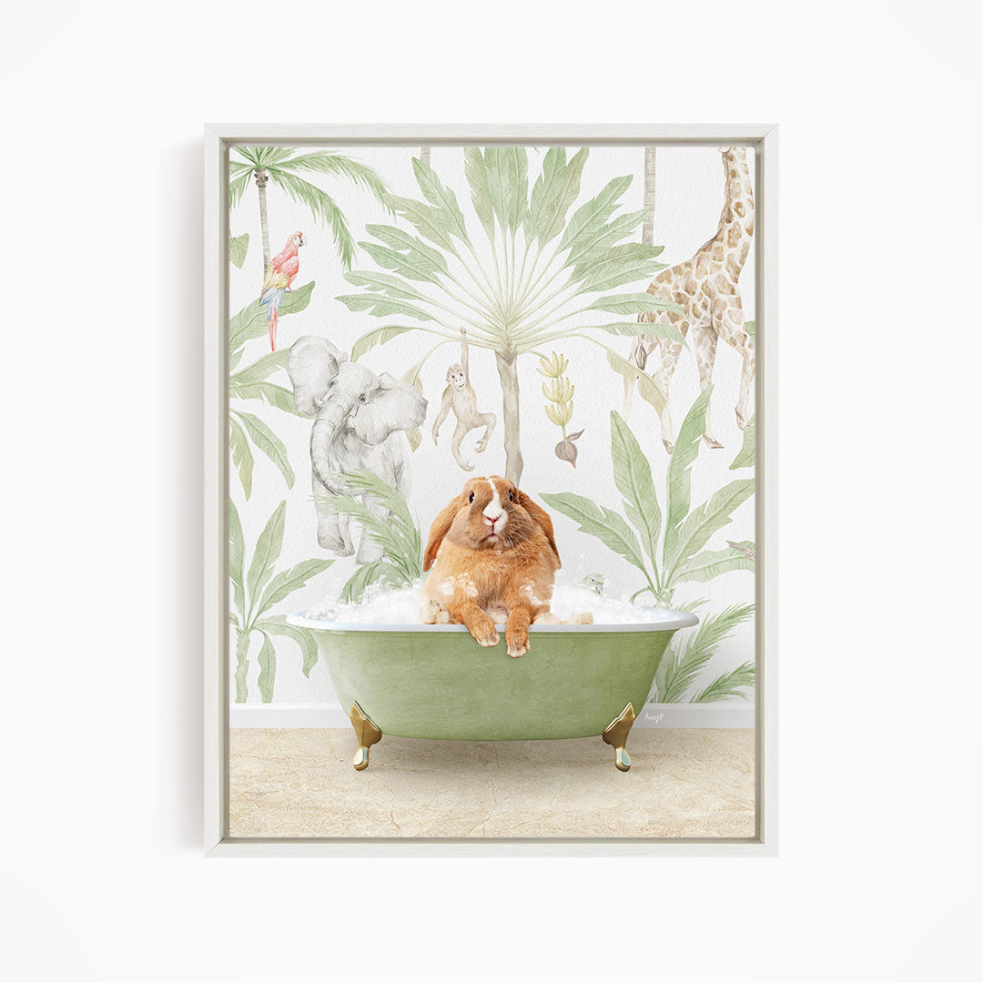A rabbit sitting in a green bathtub filled with water, surrounded by various animals such as a giraffe, elephant, and parrot, all set against a tropical jungle backdrop.