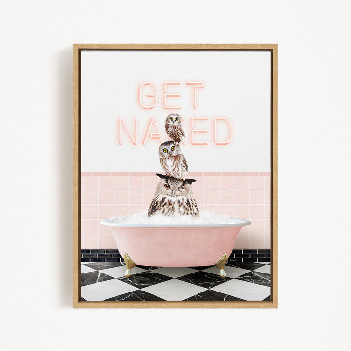A framed image depicting three owls sitting in a pink bathtub, with the text "GET NAUGED" displayed above them.
