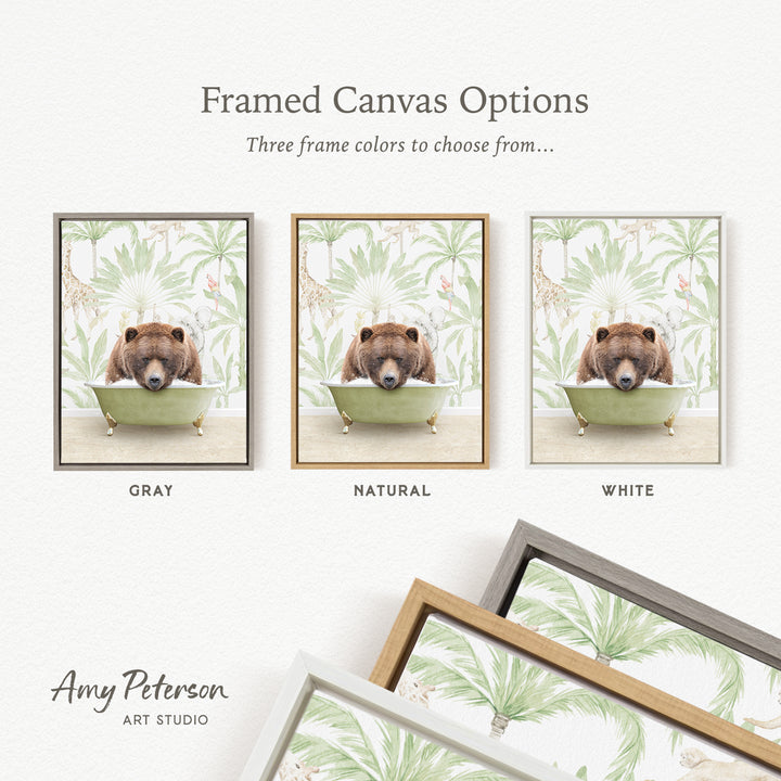 three framed canvas options featuring a brown bear sitting in a bathtub, each with a different frame color: gray, natural, and white.