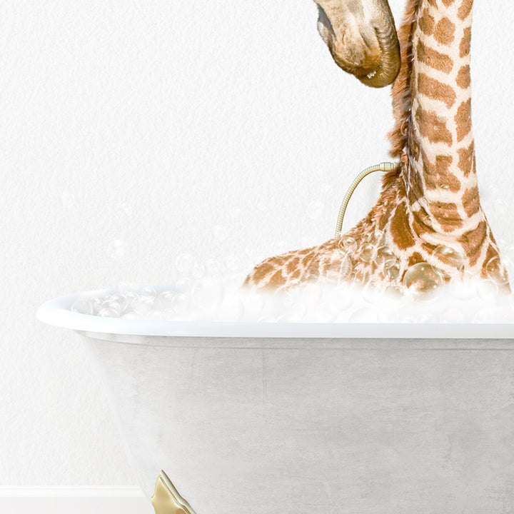 a baby giraffe is taking a bath in a bathtub