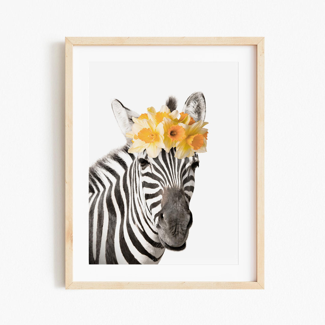 a picture of a zebra with flowers on its head