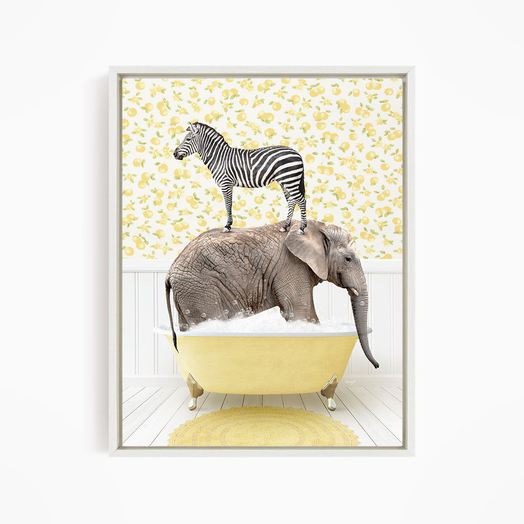 A zebra standing on the back of an elephant, both in a yellow bathtub, against a yellow and white floral background.