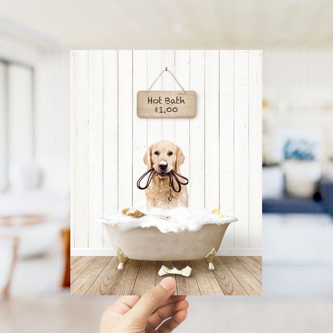 A golden retriever dog sitting in a bathtub filled with bubbles, with a sign above the tub that reads "Hot Bath $1.00".