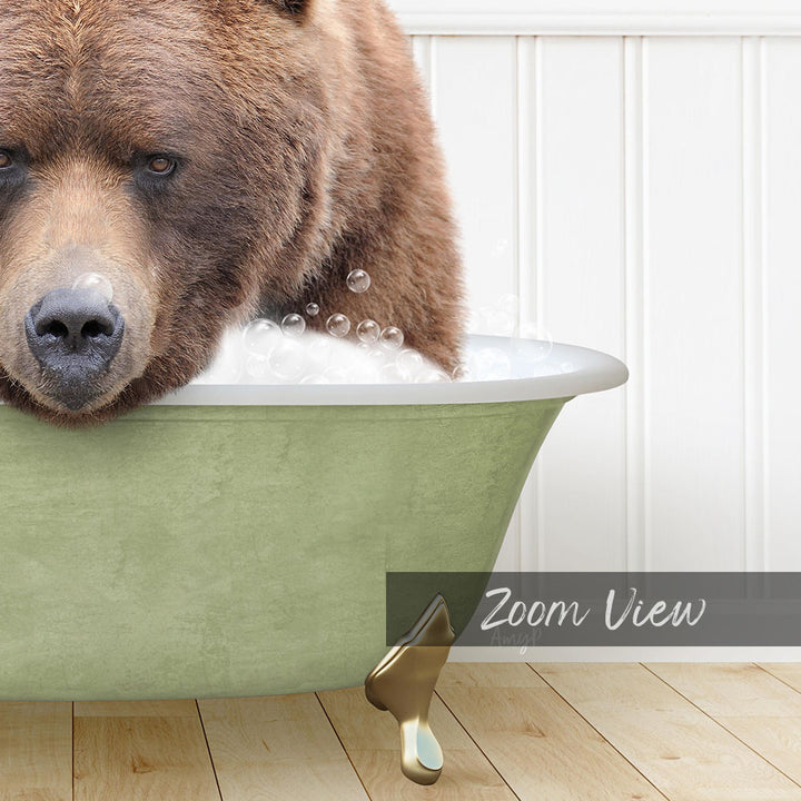 A brown bear is sitting in a green bathtub filled with water, surrounded by bubbles.