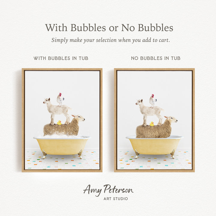 The image is a collage of two framed pictures, each depicting a sheep standing on a tub of bubbles. The text above the images reads "With Bubbles or No Bubbles" and below the images, it says "Simply make your selection when you add to cart."
