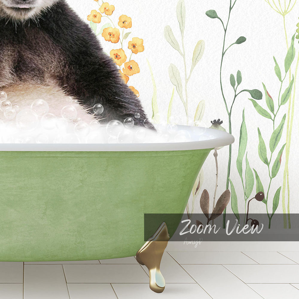 A panda sitting in a green bathtub filled with bubbles, surrounded by a floral wallpaper.