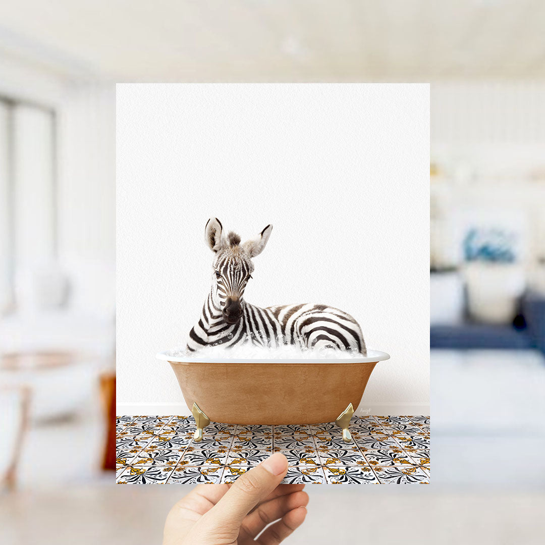 A zebra lying in a bathtub filled with water, surrounded by a patterned tile floor.