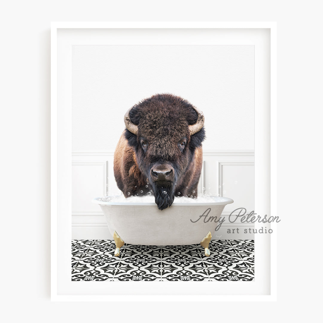 a bison is taking a bath in a bathtub