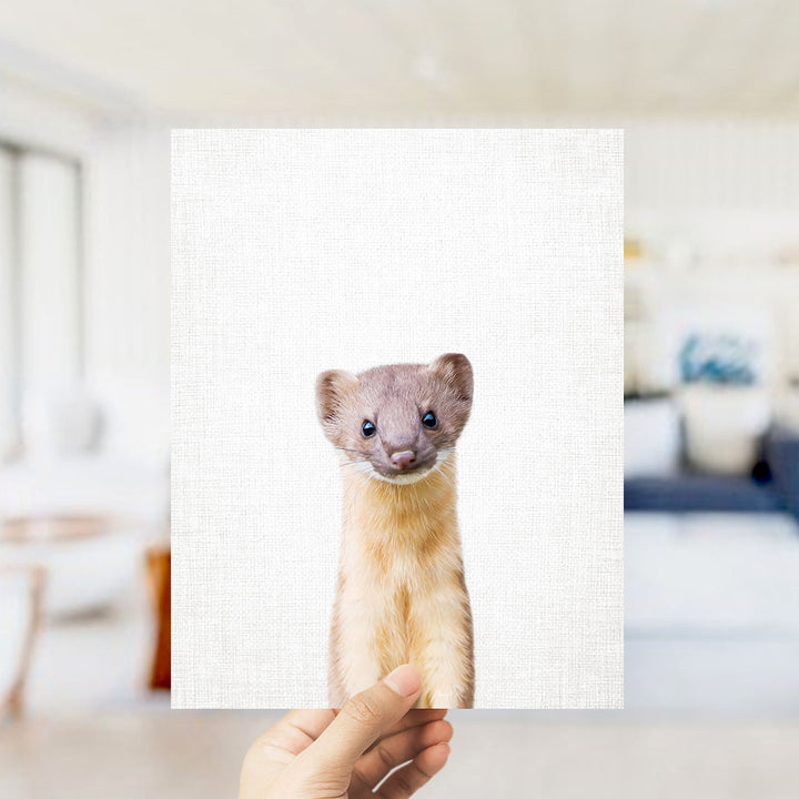A person's hand is holding up a square piece of paper with a photograph of a small, furry animal, likely a cat, on it.