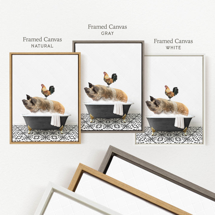 three framed prints of a pig sitting in a bathtub, with a rooster perched on the pig's back. The prints are labeled as " Framed Canvas" in different colors: "Natural", "Grays", and "White".