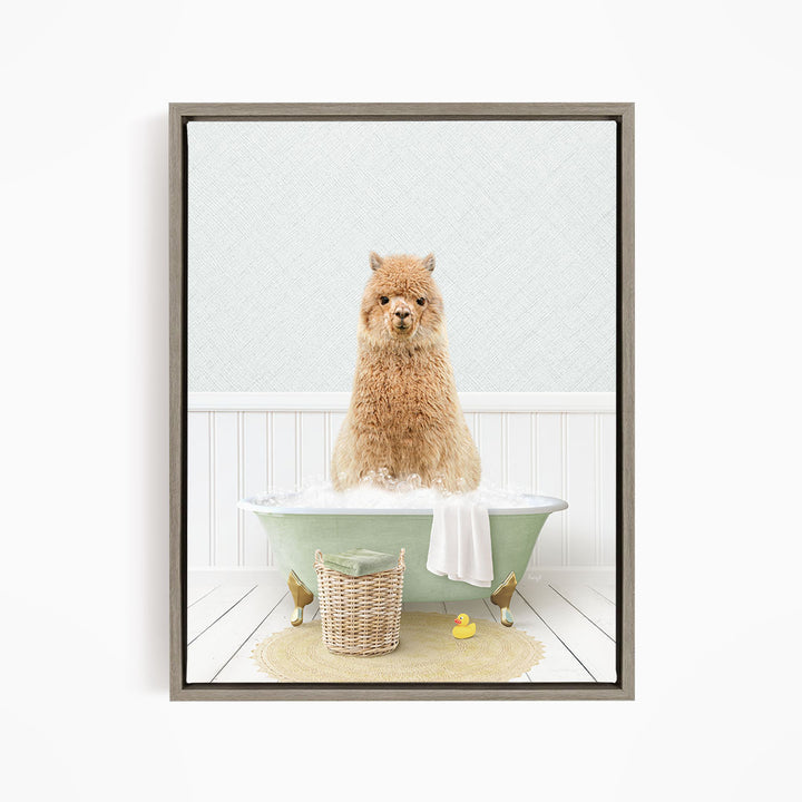 A fluffy brown dog sitting in a green bathtub filled with bubbles, surrounded by a yellow rubber duck and a basket of bath toys.