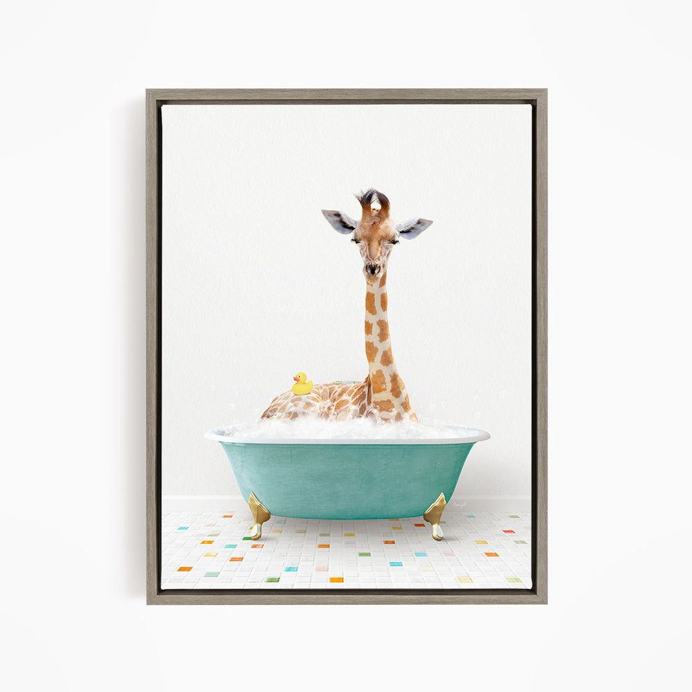A giraffe is sitting in a blue bathtub filled with bubbles, surrounded by a colorful tiled floor.