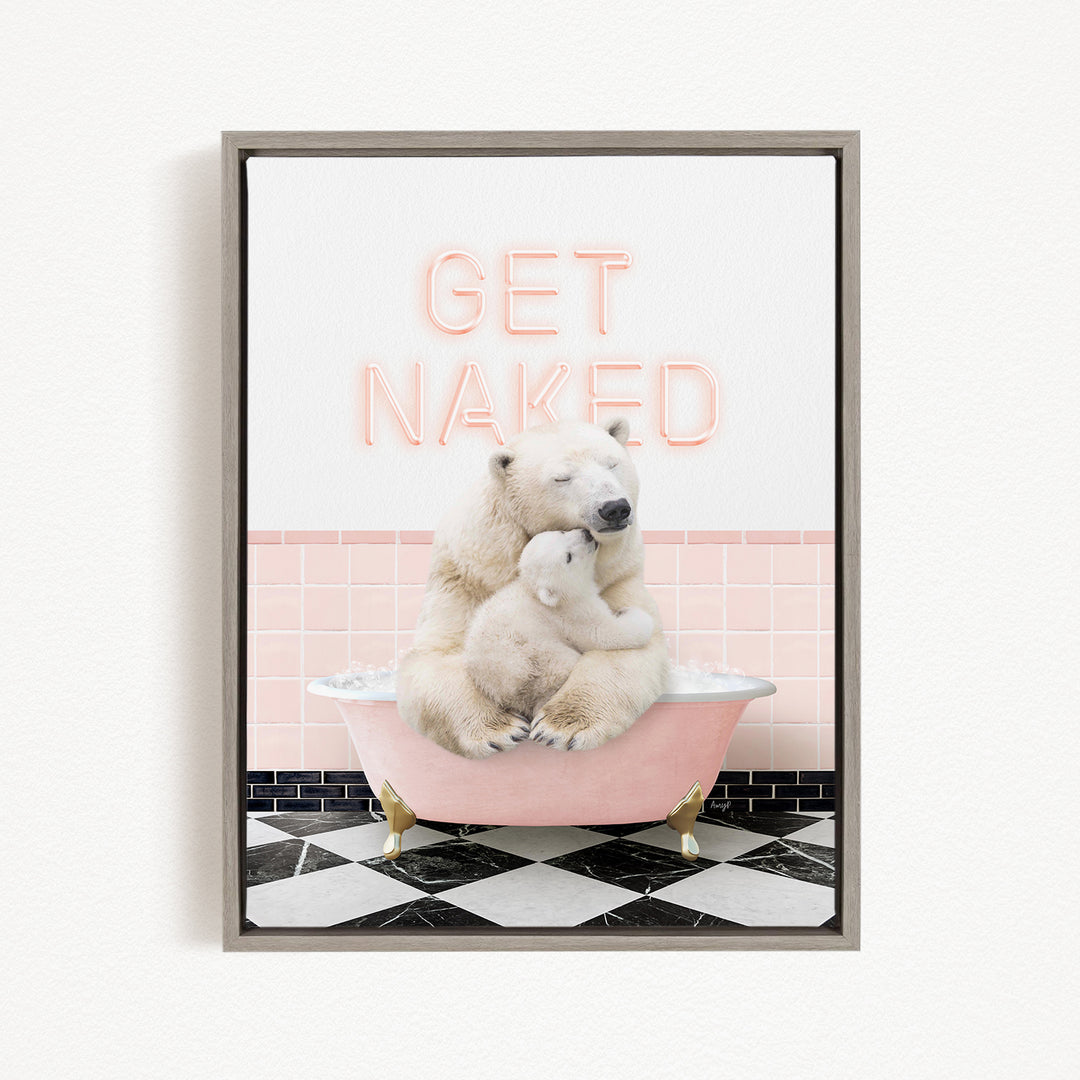 A polar bear sitting in a pink bathtub with the text "GET NAKED" displayed above it.