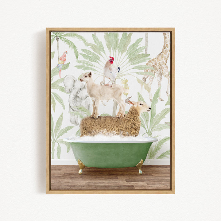 A framed collage of various animals, including a dog, cat, sheep, and a bird, all sitting or standing on a green bathtub against a tropical wallpaper background.