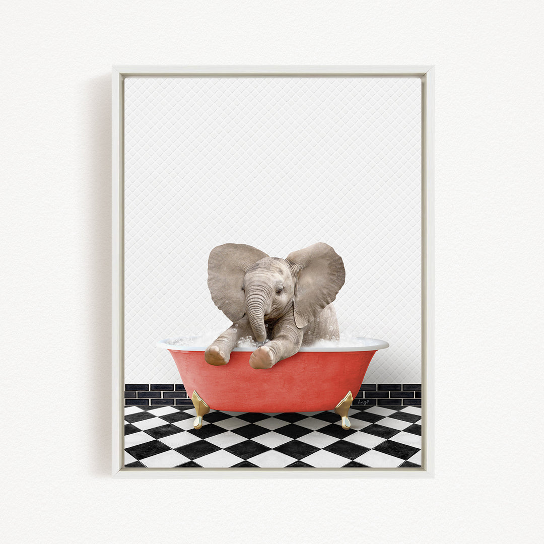 A baby elephant sitting in a red bathtub filled with water, surrounded by a black and white checkered floor.