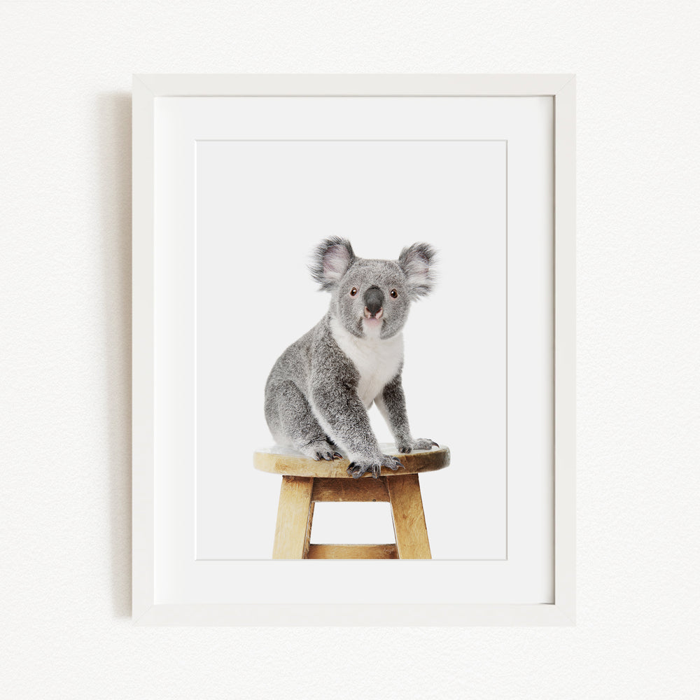 A koala sitting on a wooden stool.