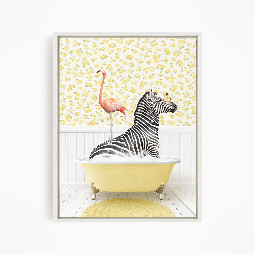 A zebra is sitting in a yellow bathtub, with a pink flamingo standing on its back.