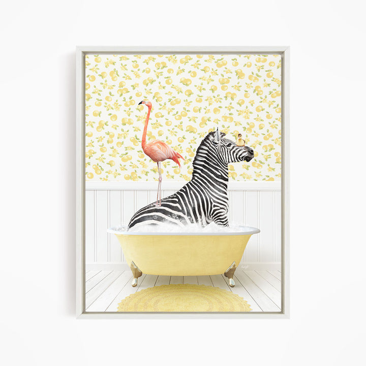 A zebra is sitting in a yellow bathtub, with a pink flamingo standing on its back.