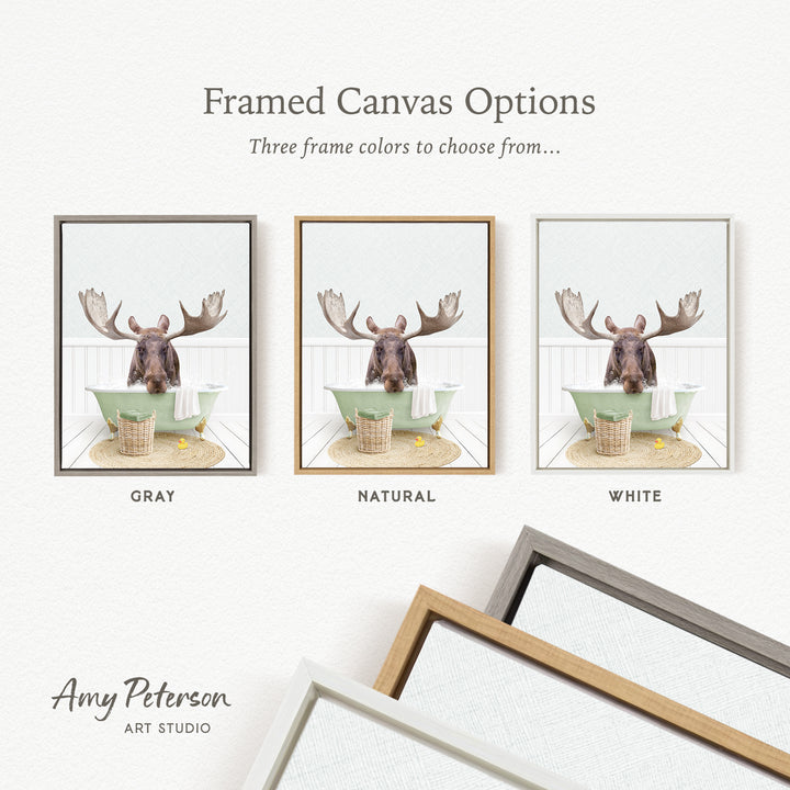 three framed canvas options featuring a moose in a bathtub, with each option having a different frame color: gray, natural, and white.