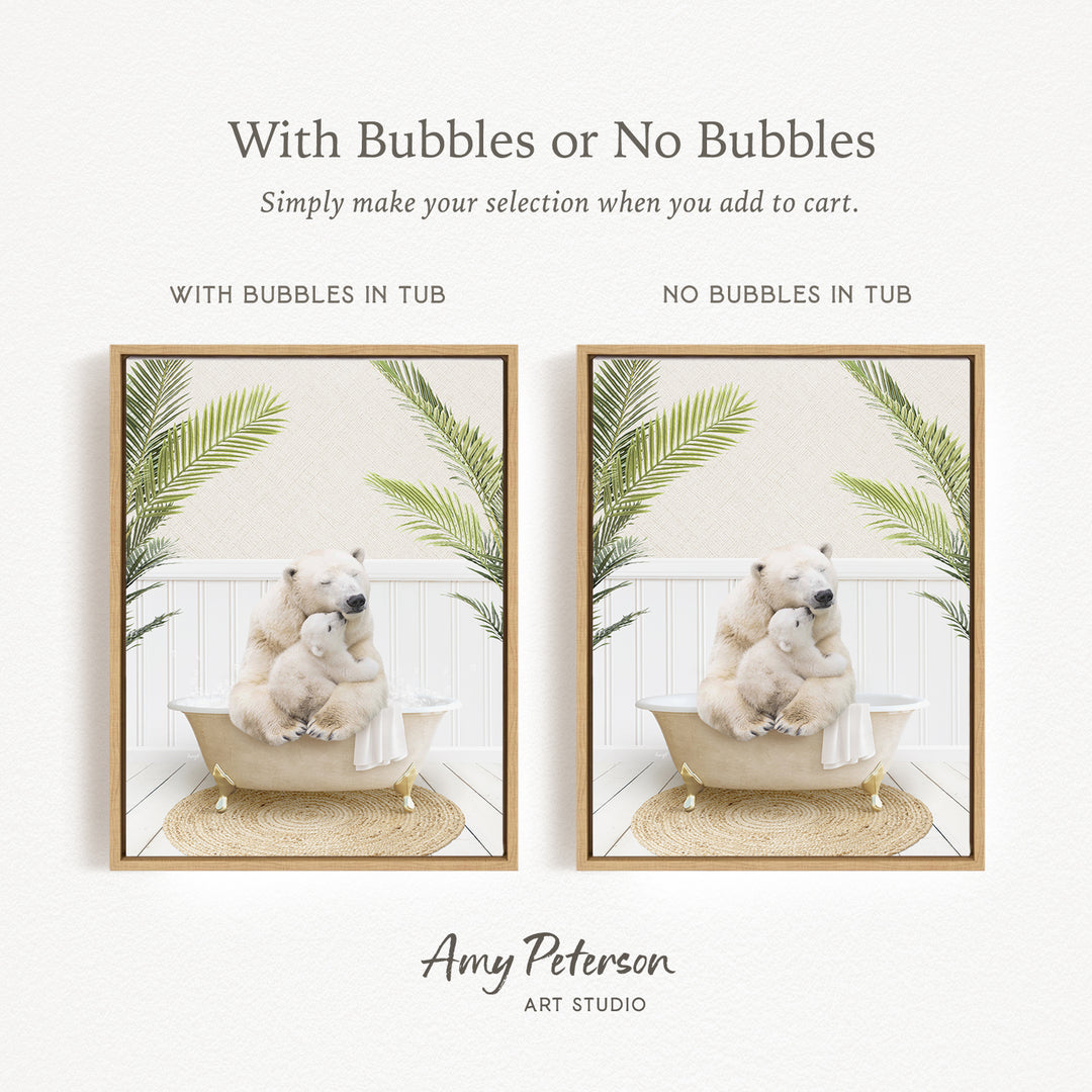 The image is a collage of two pictures, each featuring a polar bear sitting in a bathtub. The polar bear in the bathtub has bubbles, while the polar bear in the other bathtub does not have bubbles. The image is labeled "With Bubbles or No Bubbles" and "With Bubbles in Tub" to indicate the presence of bubbles in each bathtub.