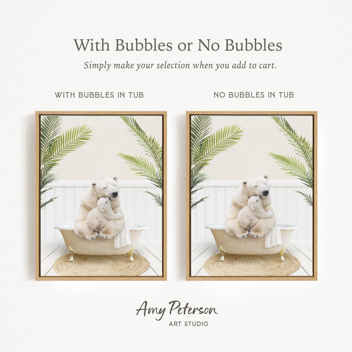 The image is a collage of two pictures, each featuring a polar bear sitting in a bathtub. The polar bear in the bathtub has bubbles, while the polar bear in the other bathtub does not have bubbles. The image is labeled "With Bubbles or No Bubbles" and "With Bubbles in Tub" to indicate the presence of bubbles in each bathtub.