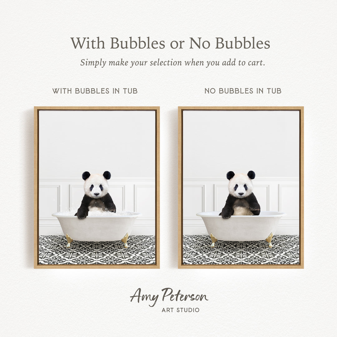 The image is a collage of two framed pictures, each featuring a panda bear sitting in a bathtub. The panda bear in the bathtub has bubbles, while the panda bear in the tub without bubbles. The text above the images reads "With Bubbles or No Bubbles Simply make your selection when you add to cart."