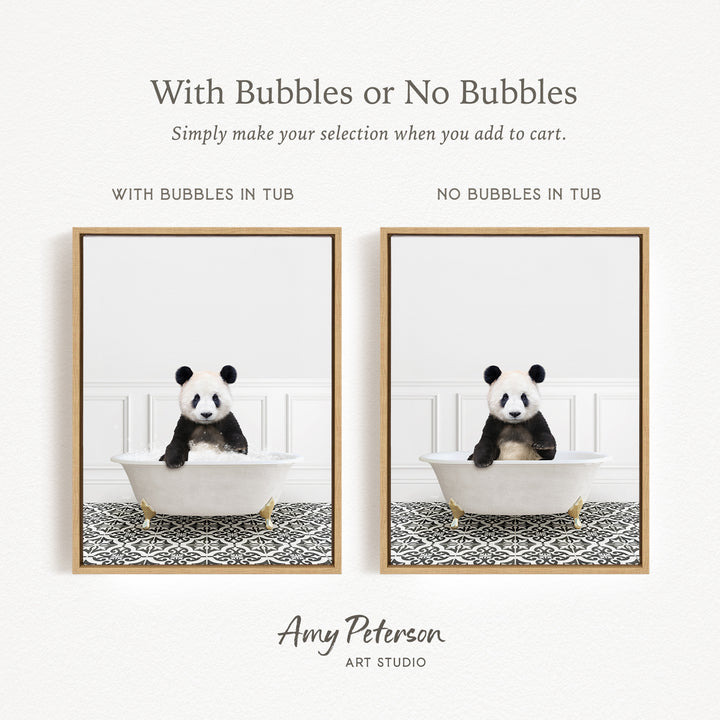 The image is a collage of two framed pictures, each featuring a panda bear sitting in a bathtub. The panda bear in the bathtub has bubbles, while the panda bear in the tub without bubbles. The text above the images reads "With Bubbles or No Bubbles Simply make your selection when you add to cart."