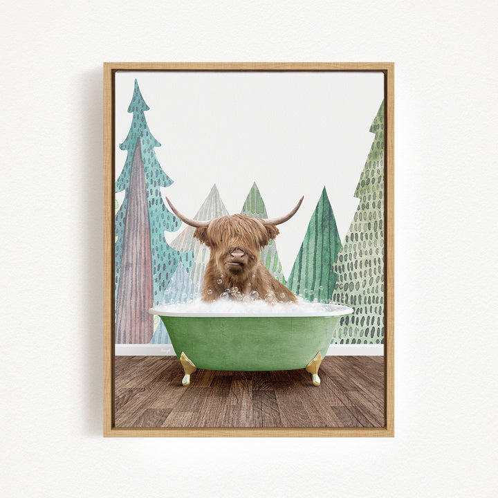 A brown cow with horns is sitting in a green bathtub, surrounded by a forest scene with trees and a snowy landscape.
