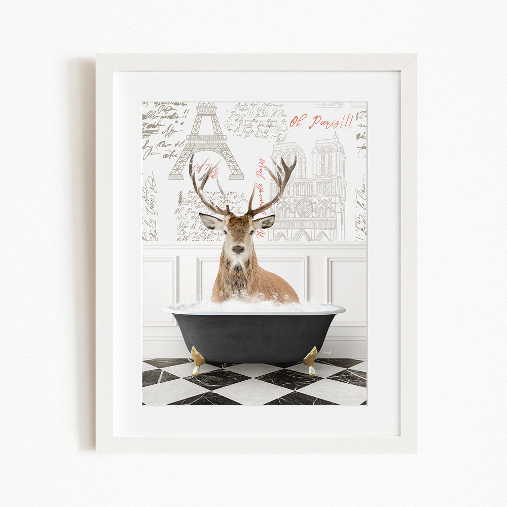 A deer with antlers is sitting in a bathtub filled with water, surrounded by a checkered floor and a wall with a drawing of the Eiffel Tower.