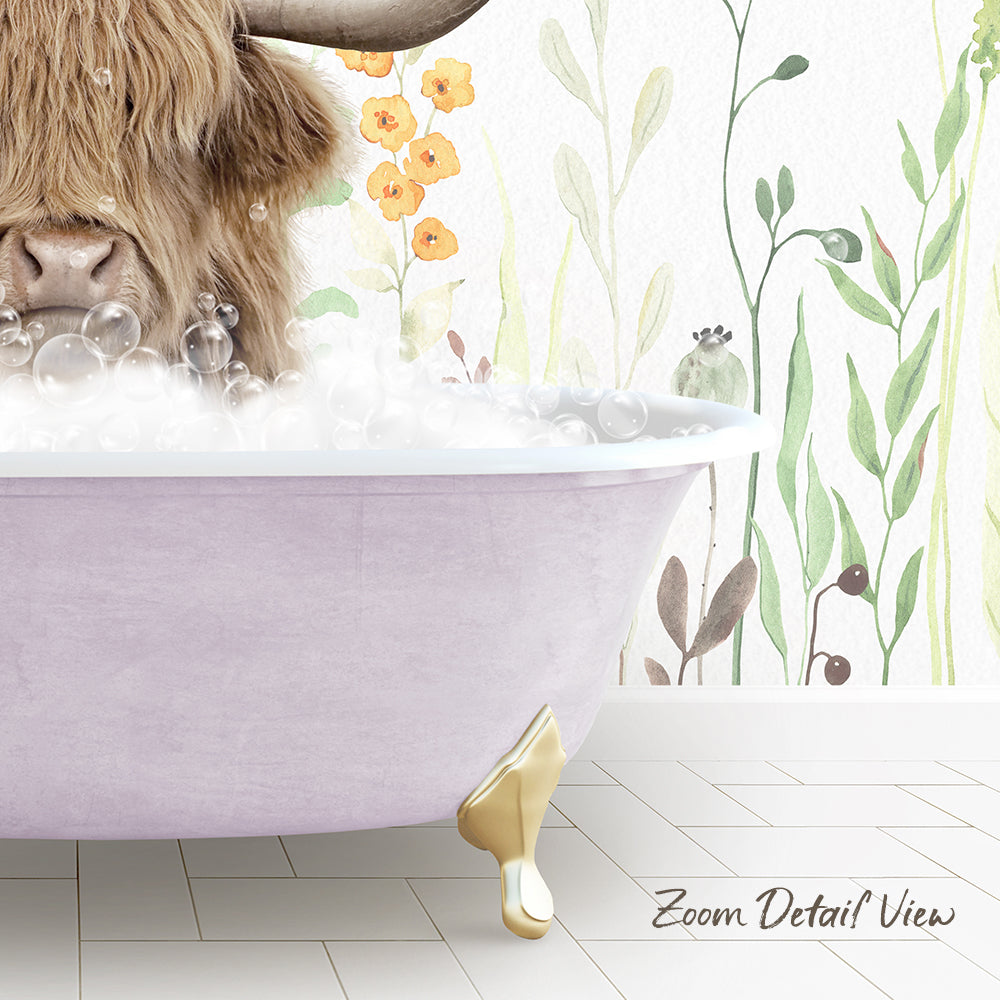 A large, pink bathtub filled with bubbles, with a large, furry animal, possibly a yak or a cow, sitting inside it. The bathtub is placed against a wall with a floral pattern.