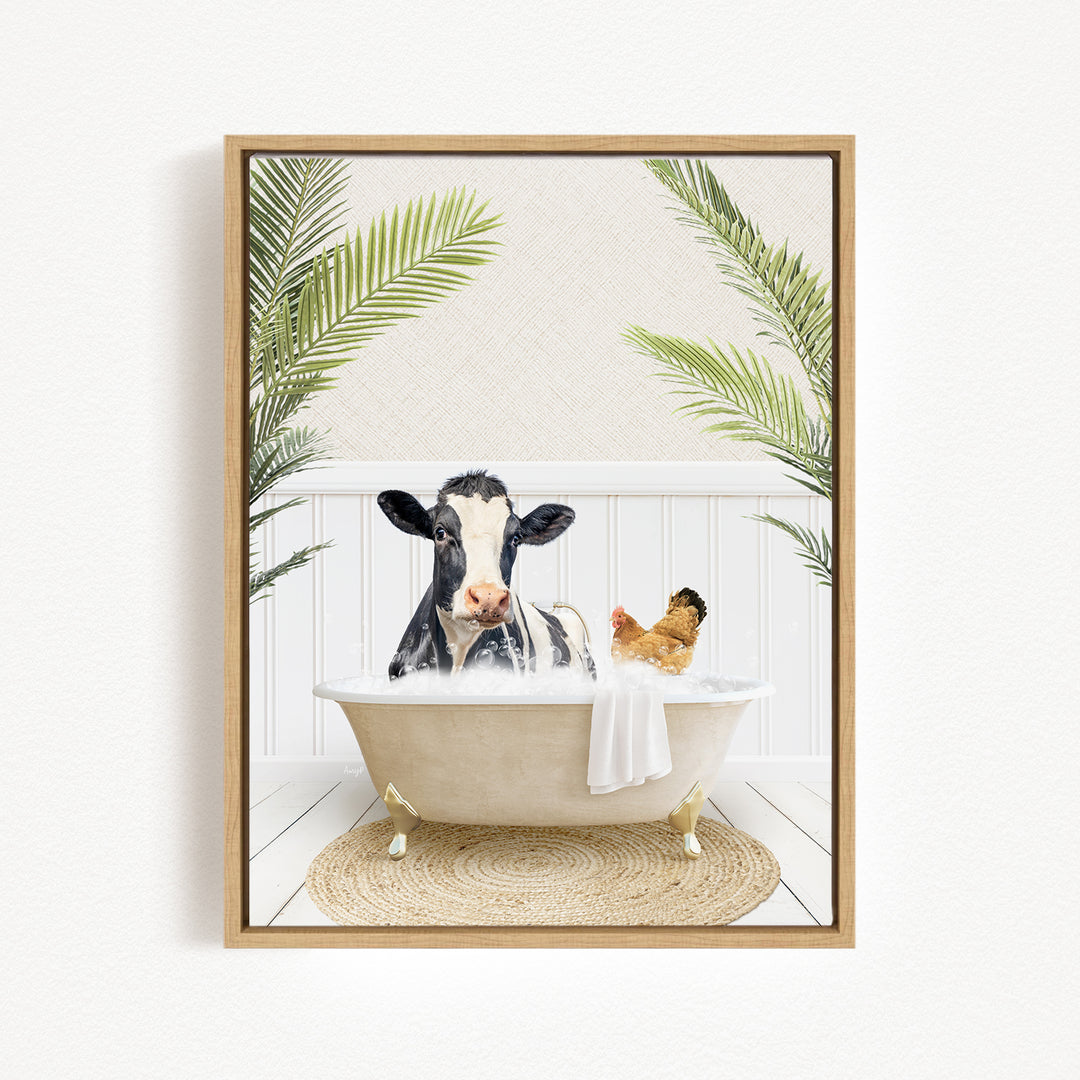 A cow is sitting in a bathtub filled with water, surrounded by a chicken and a palm tree, creating a whimsical and playful scene.